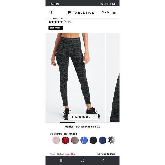 New Small Fabletic Tigress Therma Flex High Waist Cold Weather Leggings w Pocket - Picture 2 of 8